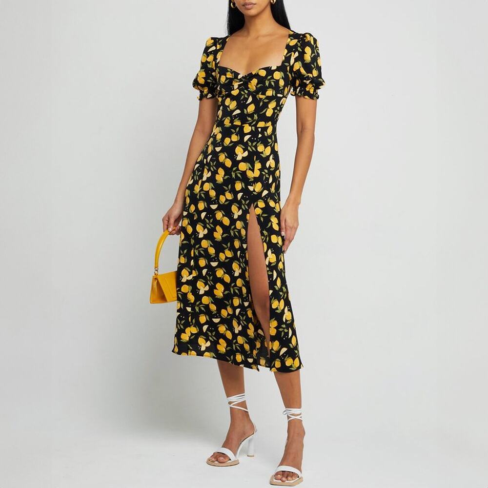 O.P.T Black Yellow Lemon Print Puff Sleeve Midi Dress Size S